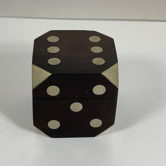 Bella Lux Wooden Dice Box w/ Metal Accents + Five Mini Black Dice Set Vintage - Picture 2 of 10